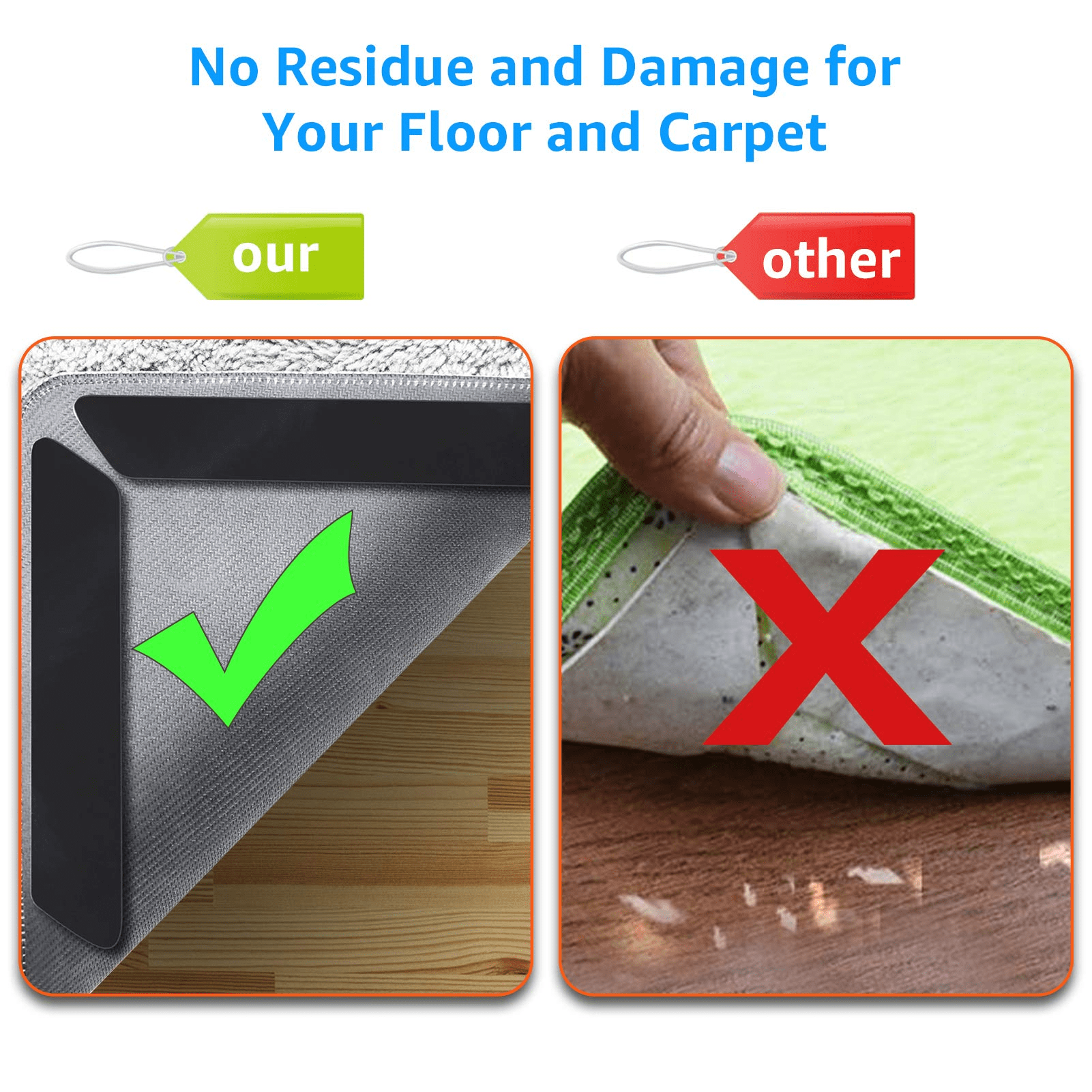 Rabenda 12 Pcs Grippers for Rugs, Non Slip Rug Pads for Hardwood Floors and  Tiles, Reusable and Washable Rug Tape for Area Rugs, Dual Sided Adhesive Rug  Pad Gri…