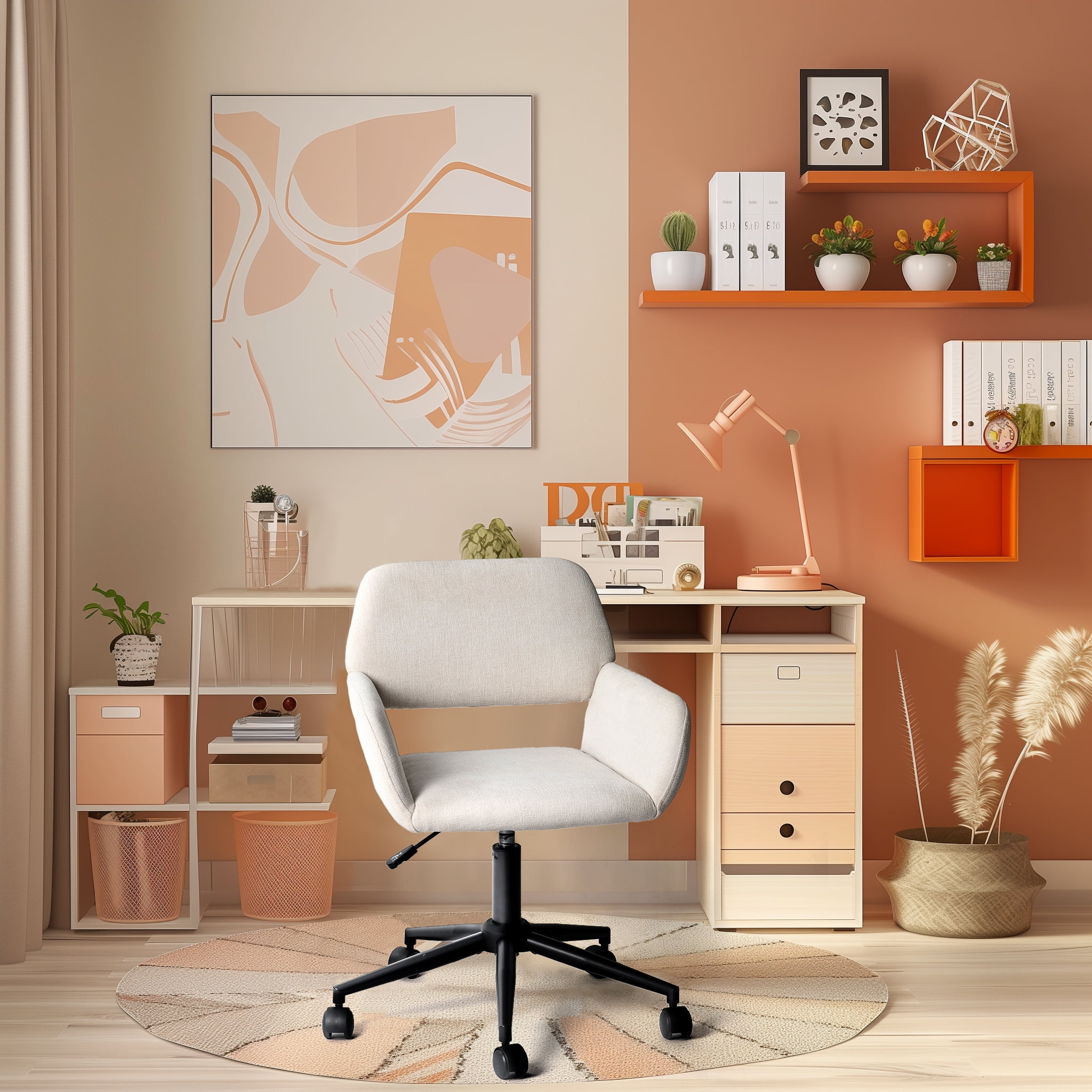 Homy Casa Modern Upholstered Makeup Desk Chair with Adjustable Height Armrests for Vanity Bedroom, Beige Fabric