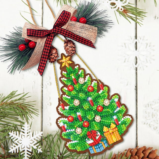 Colgante de Santa con pintura de diamantes, juego de decoraciones navideñas de madera, colgante de muñeco de nieve JShteea El nuevo