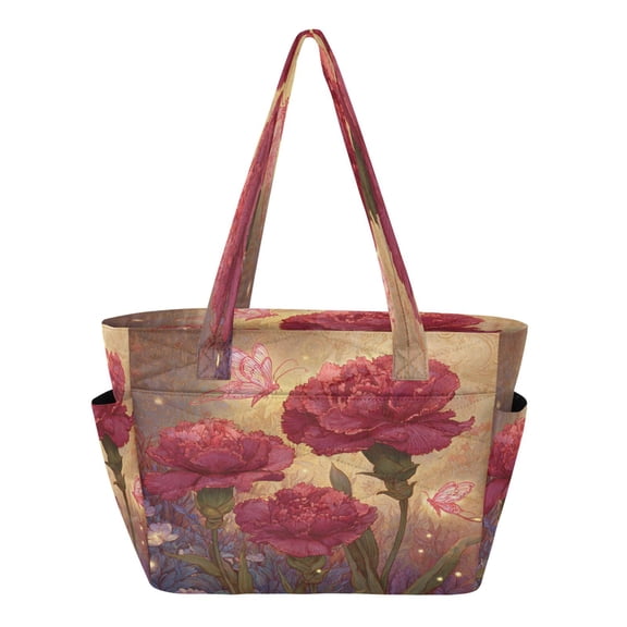 Quilted Tote Bag Large Capacity Multi-Compartment Handbag Lightweight Structured Shoulder Bag Versatile Casual Bag Blooming Red Carnations