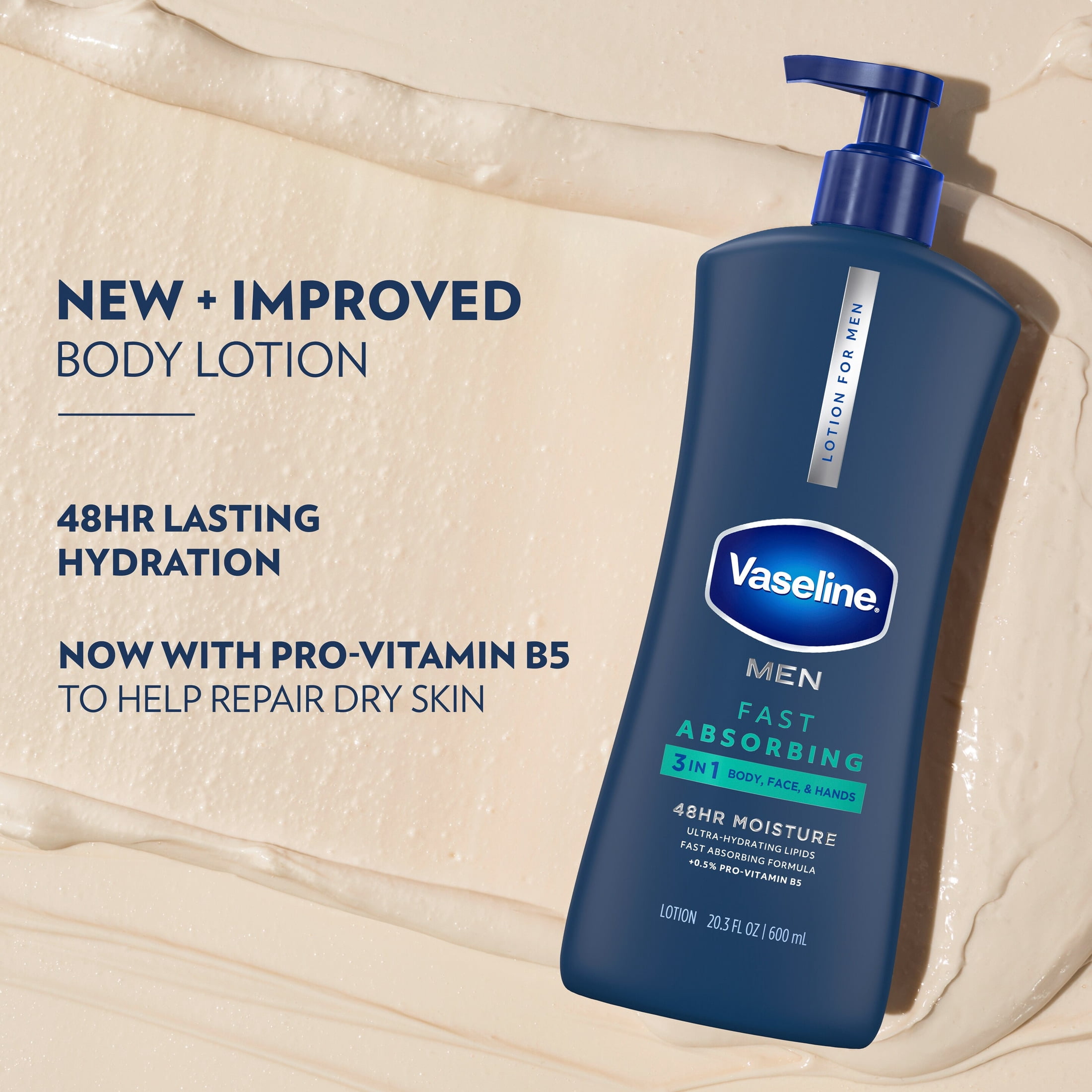 Vaseline Men Fast Absorbing 3-in-1 Face, Hands & Body Lotion For Men, For Dry Skin, Absorbs in Just 15 Seconds for Moisturized Skin, 20.3 Fl oz