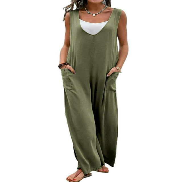 Combinaison en Coton pour Femmes Pantalon Sans Manches à Jambes Larges Combinaison en Lin Grande Taille