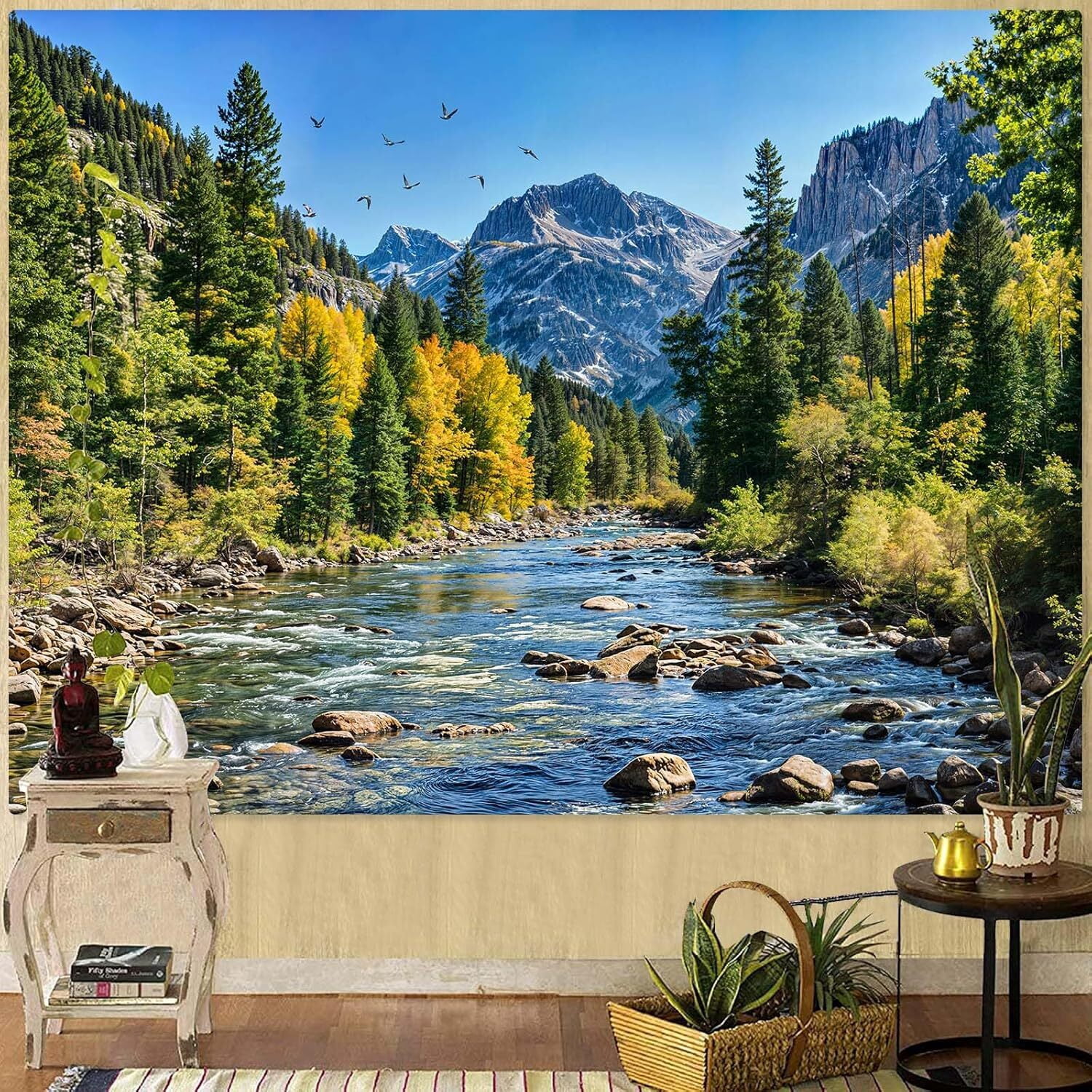 Nature Forest Mountain Tapestry Green Pine Tree Tapestry for Bedroom Aesthetic Flowing River Landscape Tapestries Wall Hanging Bird Decor for Living Room Classroom Dorm Office 60X40IN