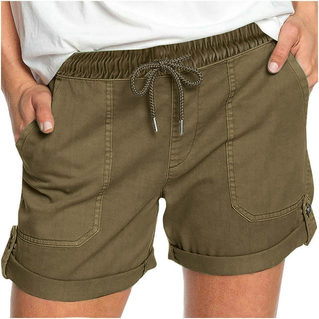 AherBiu Shorts for Women Summer Casual Elastic Waisted Drawstring Shorts Straight Loose Short with Pockets