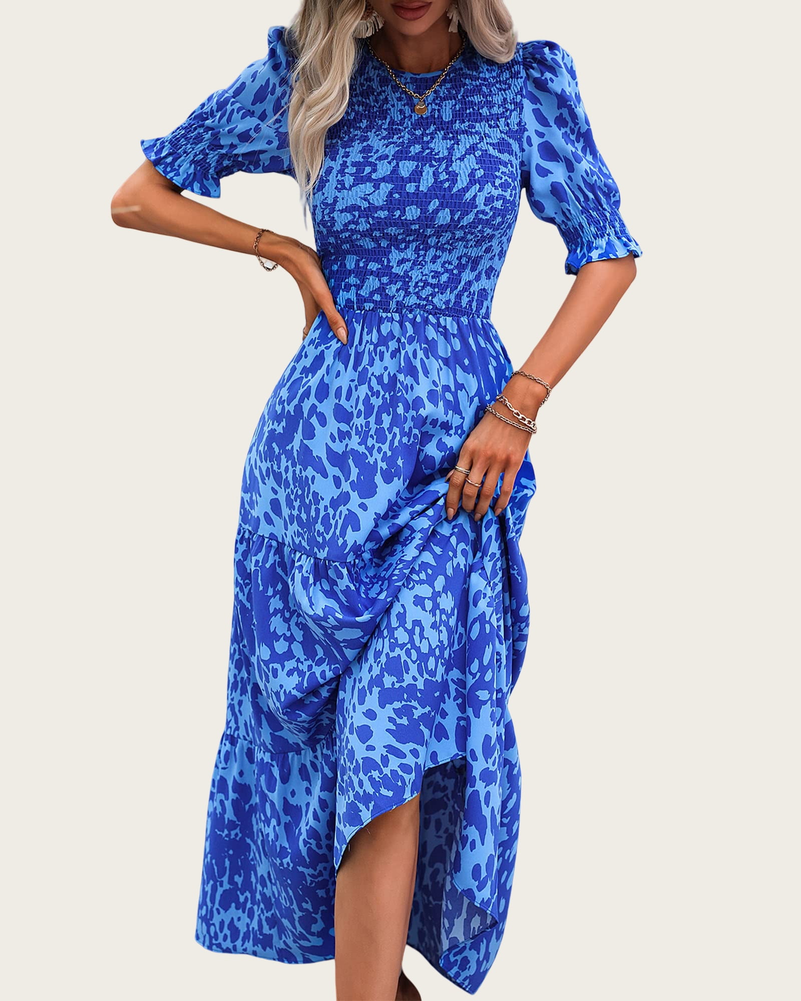 FreshPretty Women Casual Summer Dresses Spring Crew Neck Ruffle Short Sleeve Floral Print Smocked Boho Flowy Maxi Dress