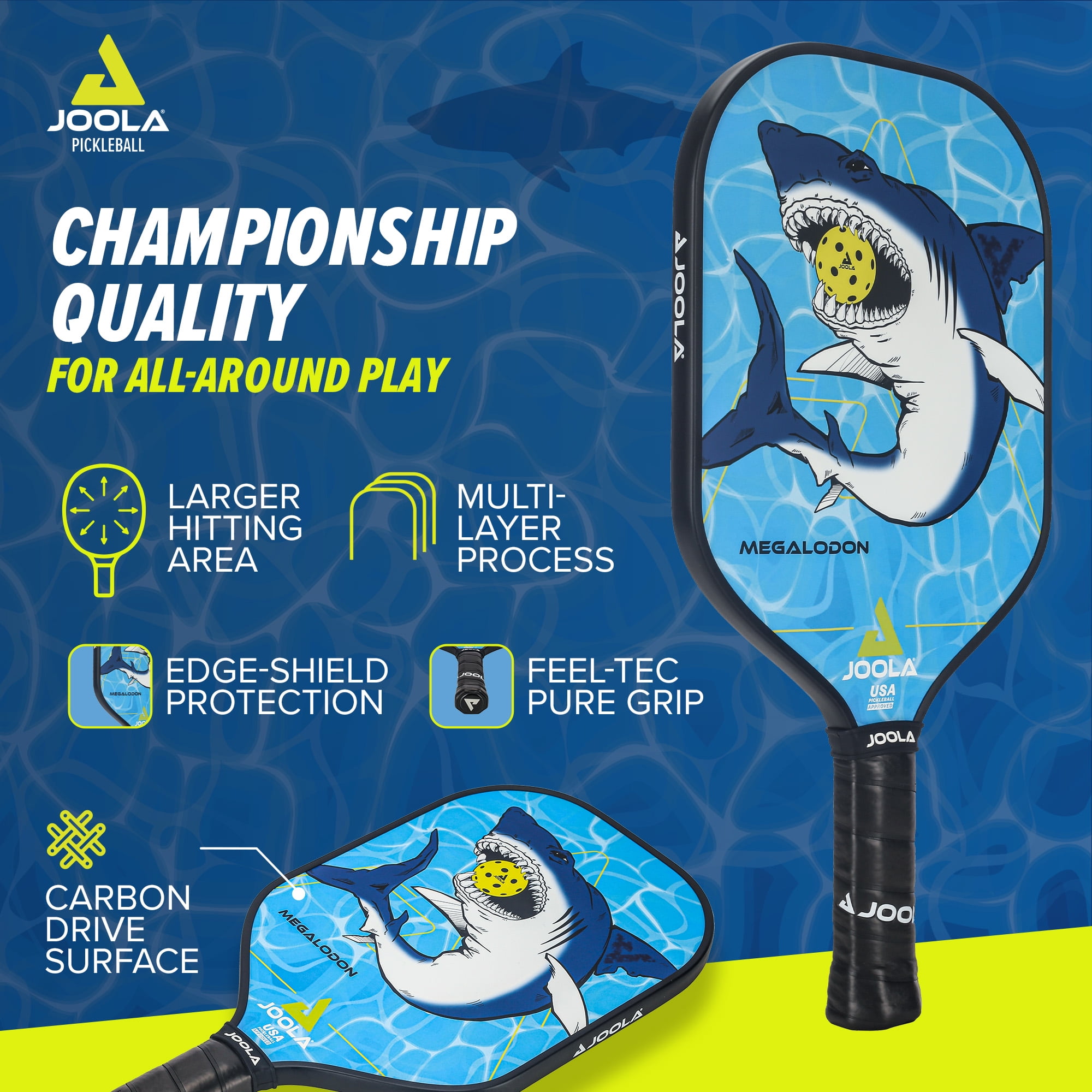 JOOLA Megalodon Junior Pickleball Paddle, Blue, 7.9 oz
