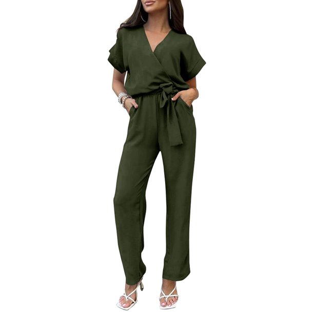 Mono Enterizo PRETTYGARDEN Cruzado con Cuello en V y Cinturón Verde Militar S