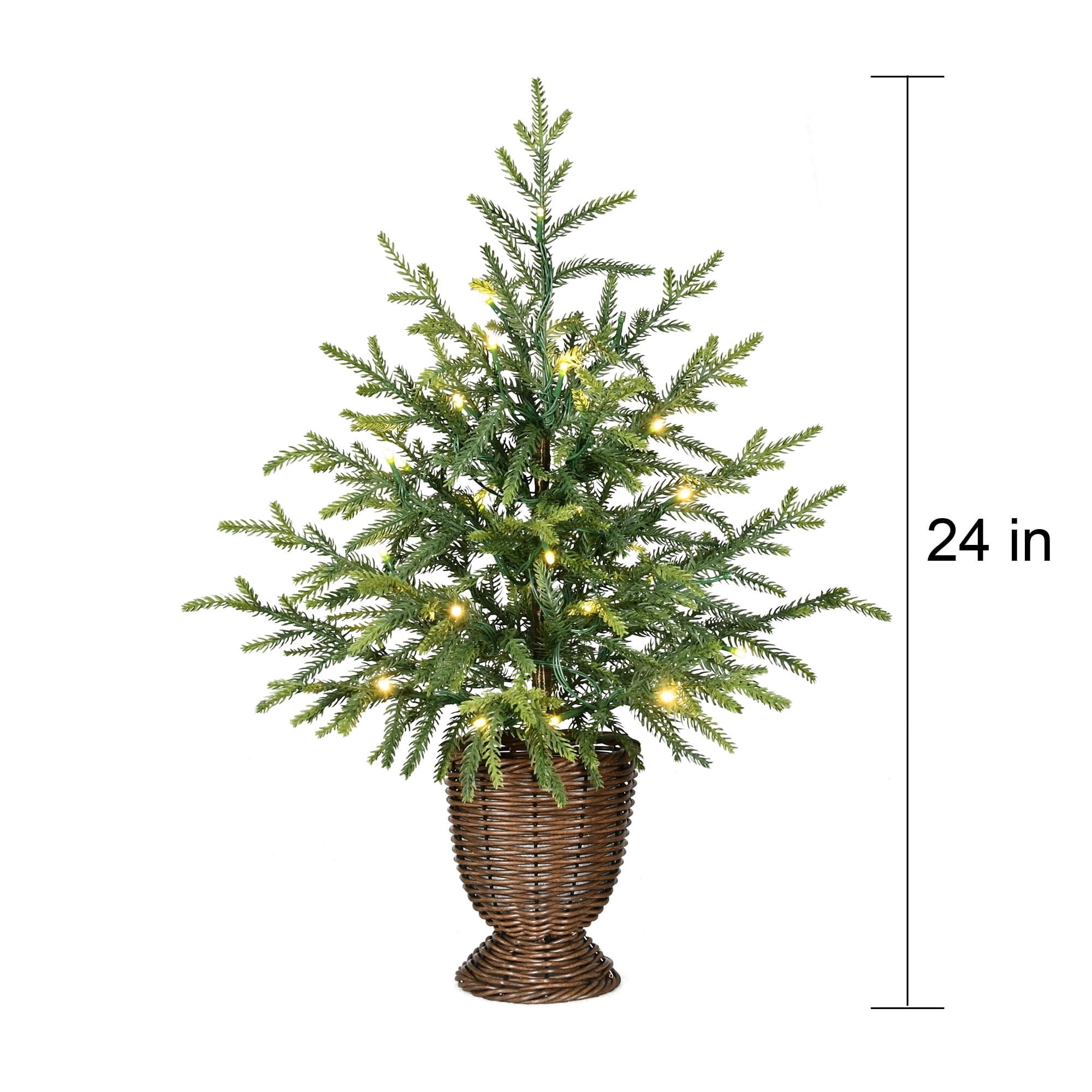 My Texas House 2' Small Pre-Lit Norfolk Pine Green Artificial Christmas Tree with 30 Warm White Twinkle LED Lights in Woven Basket