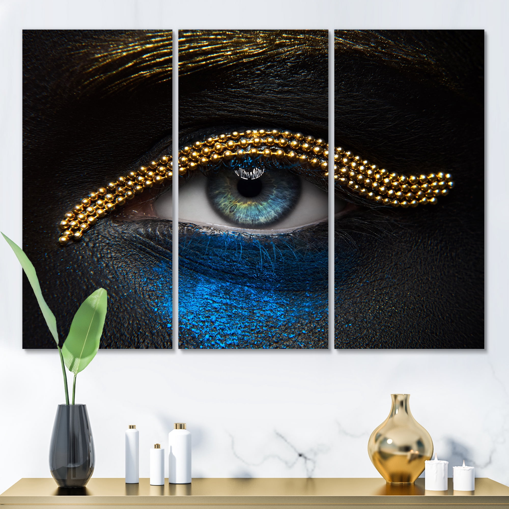 Designart ' Girl Eyes With Gold Chain and Blue Pigment ' Modern Canvas Wall Art Print