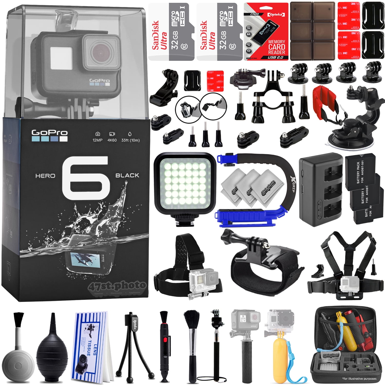 Gopro Hero6 Black 4k 12mp Digital Camcorder W 64gb 42pc Sports Action Bundle 2x 32gb Micro Sd Cards 3 Batteries Rapid Ac Dc Charger High Power Led Light X Grip Stabilizing Handle