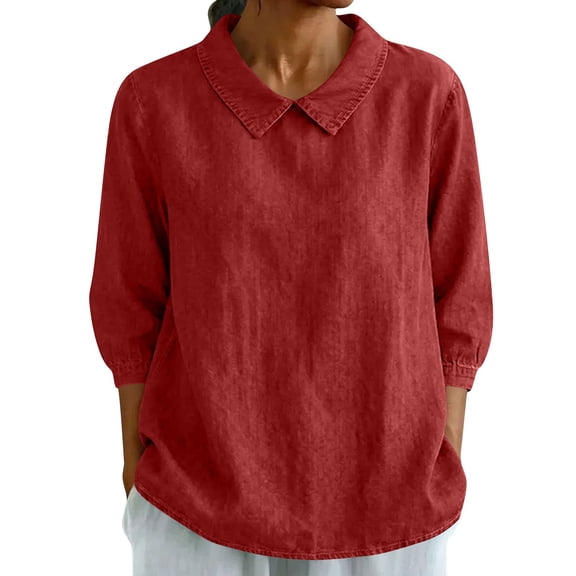 Lenpel Women's Tops 3/4 Length Sleeve Crew Neck Collared Jean like T Shirts Fashion Tees Trendy Casual Blouses