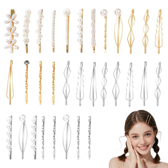 ZYNERY 32pcs Pearl Hair Clips Set, Geometric Metal Snap Hairpins and Bobby Pins for Women & Girls, Luxury Gold and Silver Decorative Hair Barrettes, Non-Slip Fashion Side Clips Styling Accessories