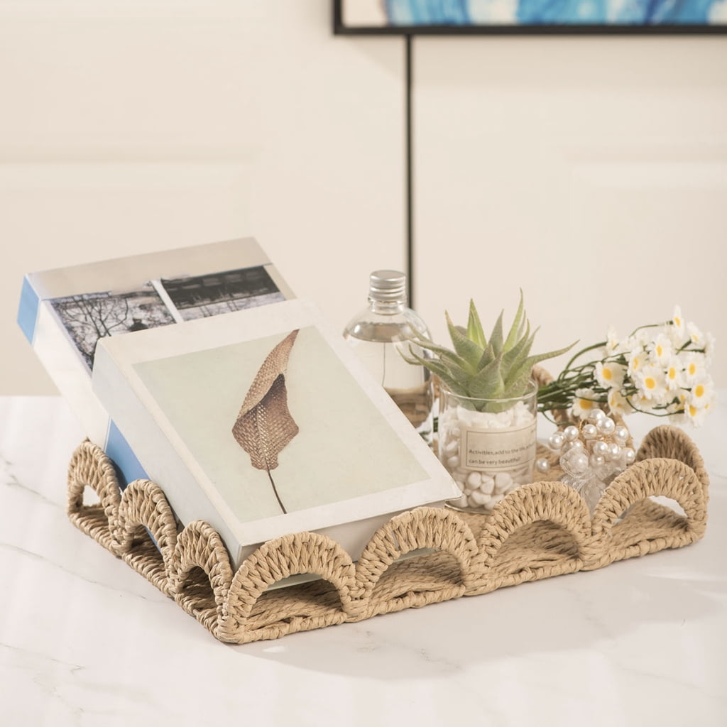 Zeiwohndc Handwoven Paper Rope Desk Organiser Natural Rattan Storage Tray for Desktop
