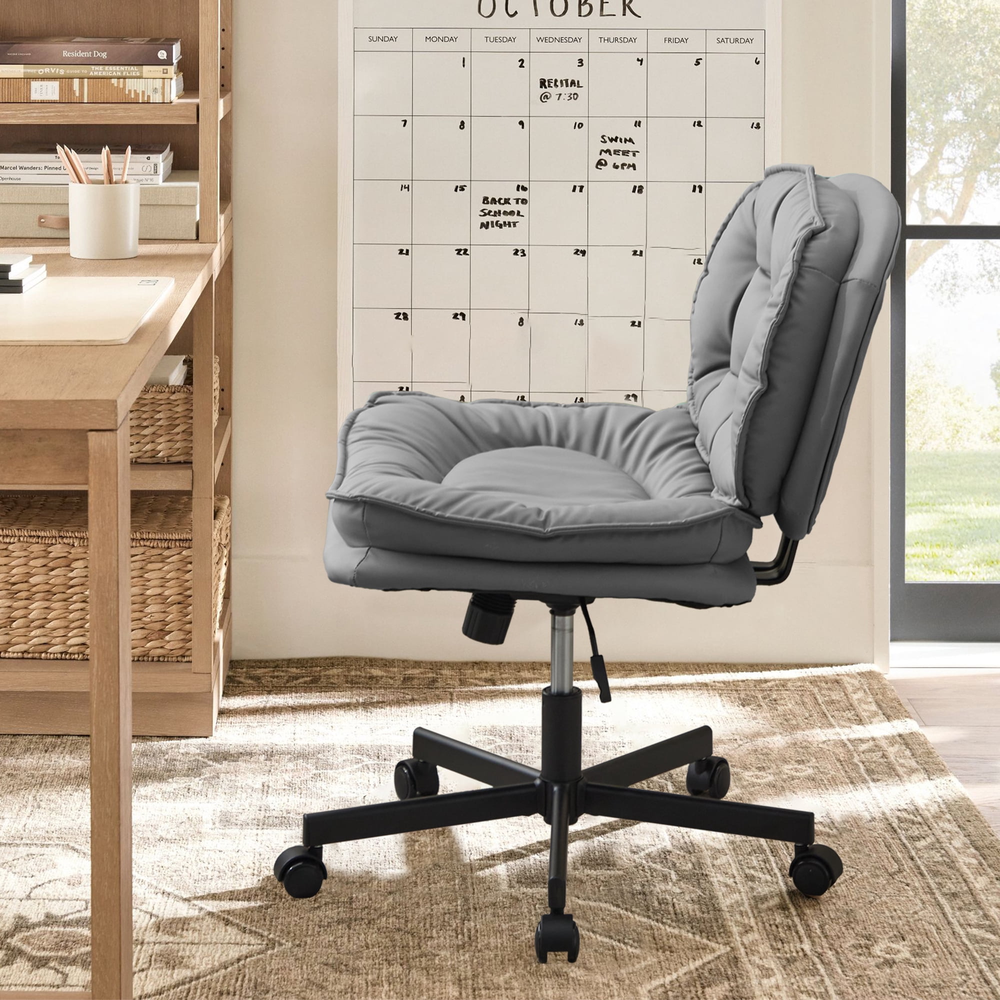 Miniyam Armless-Office Desk Chair with Wheels,PU Leather Cross Legged Wide Chair for Home Office,Gray
