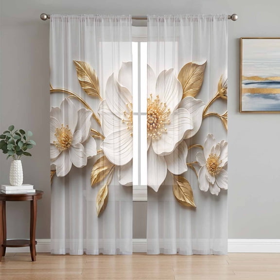 White Gold Flowers Sheer Curtains 63 Inches Long, Modern Chic Blooming Floral Leaves Light Filtering Window Curtains for Living Room, Rod Pocket Voile Sheer Curtain Drapes, 52"W x 63"L, 2 Panels