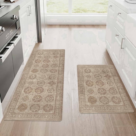 Kitchen Mat Set of 2 Non Slip Washable Waterproof Kitchen Rugs 17"x28"   17"x48", Vintage Floor Mats for Sink, Laundry Room & Entryway