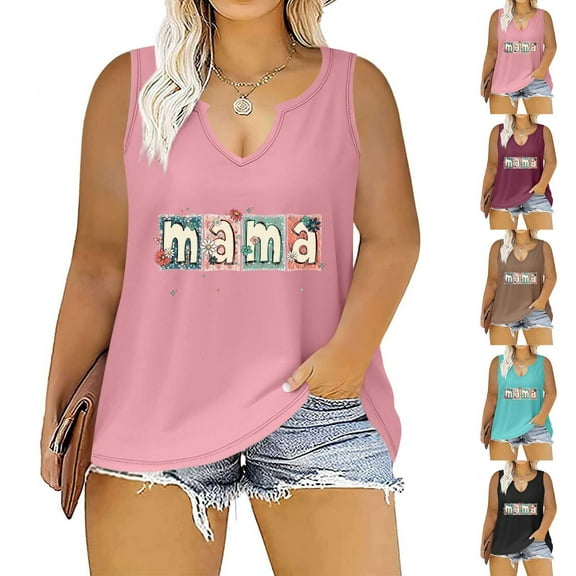 BiZtdJrK Womens V Neck Plus Size Tank Tops Mama Print Tanks Shirts Casual Going Out Sleeveless Blouse Black XXXL