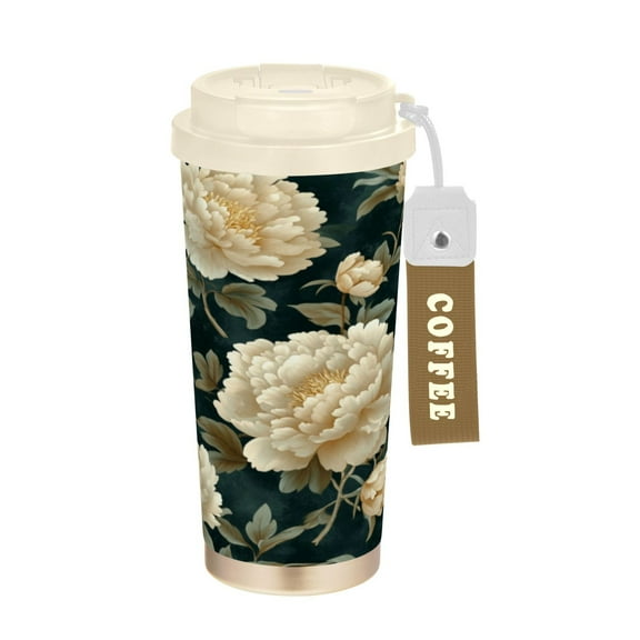 Wobogo Yellowish Peony Double Drinking Coffee Cup Insulated Mug with Food-grade 316 Stainless Steel Beige Lid