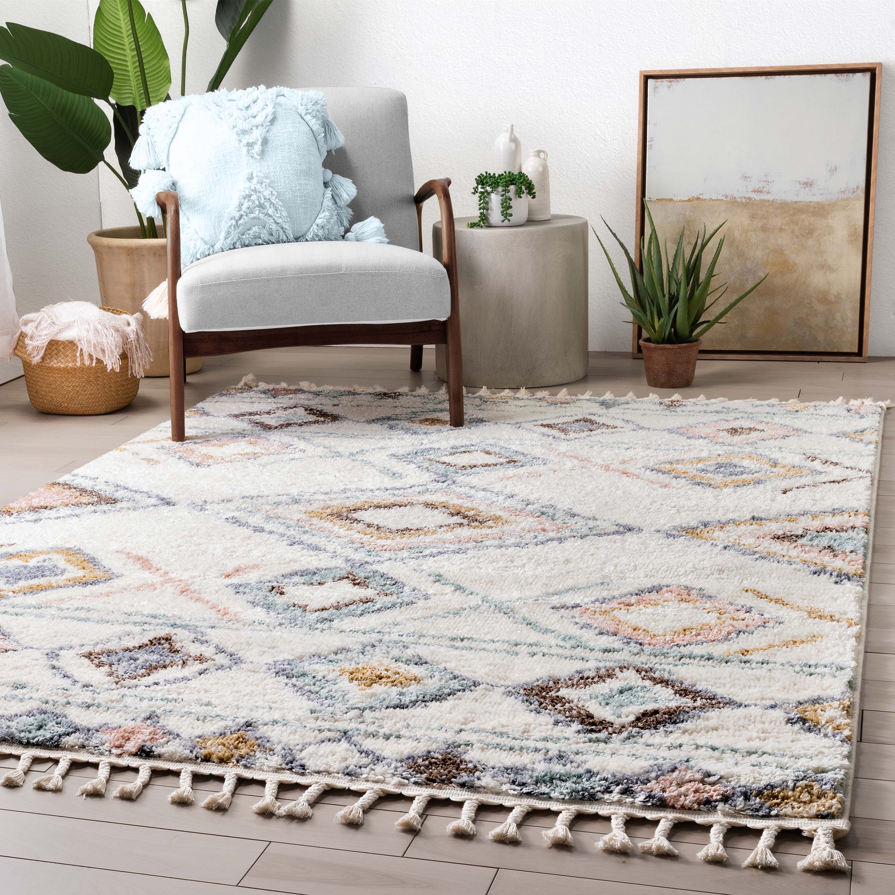 Well Woven Nala Moroccan Area Rug, 3.92' x 5.25', Cotton Fringe For Authentic Look, Plush & Soft Shag Pile, Moroccan Tribal Print