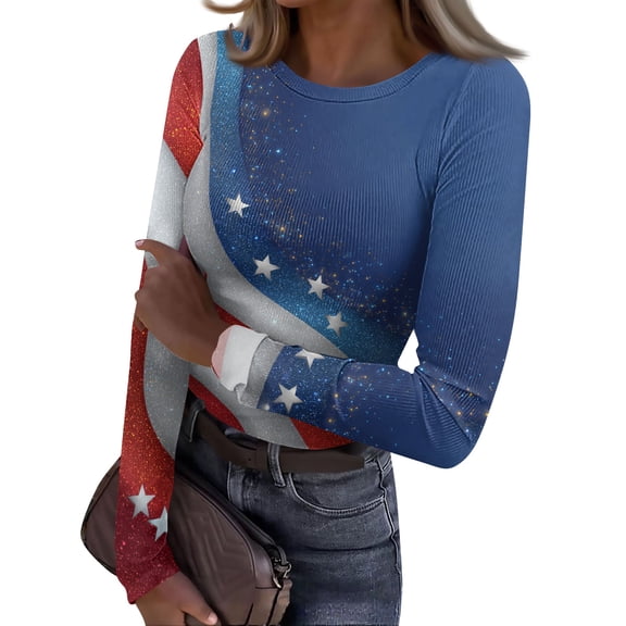 Sewkxo Women T-Shirts Trendy 250th Anniversary American Patriotic 4th Of July Crew Neck Pullovers Spring Summer Loose Casual Long Sleeve Shirts,Dark Blue 2XL
