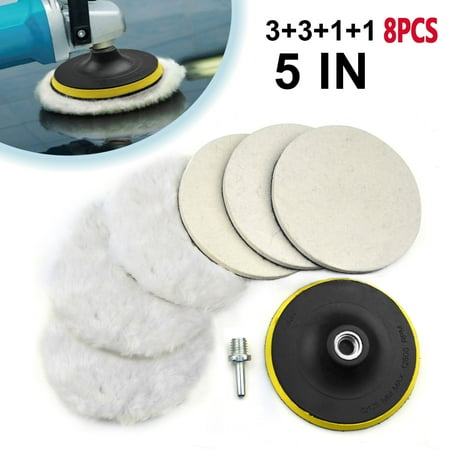 POLIWELL 5 inch Buffing Wool Pads 8Pcs Kits, Felt Polishing Pad Buffing Wheel for Drill Woolen Wax Pad and Hook & Loop Backing Plate
