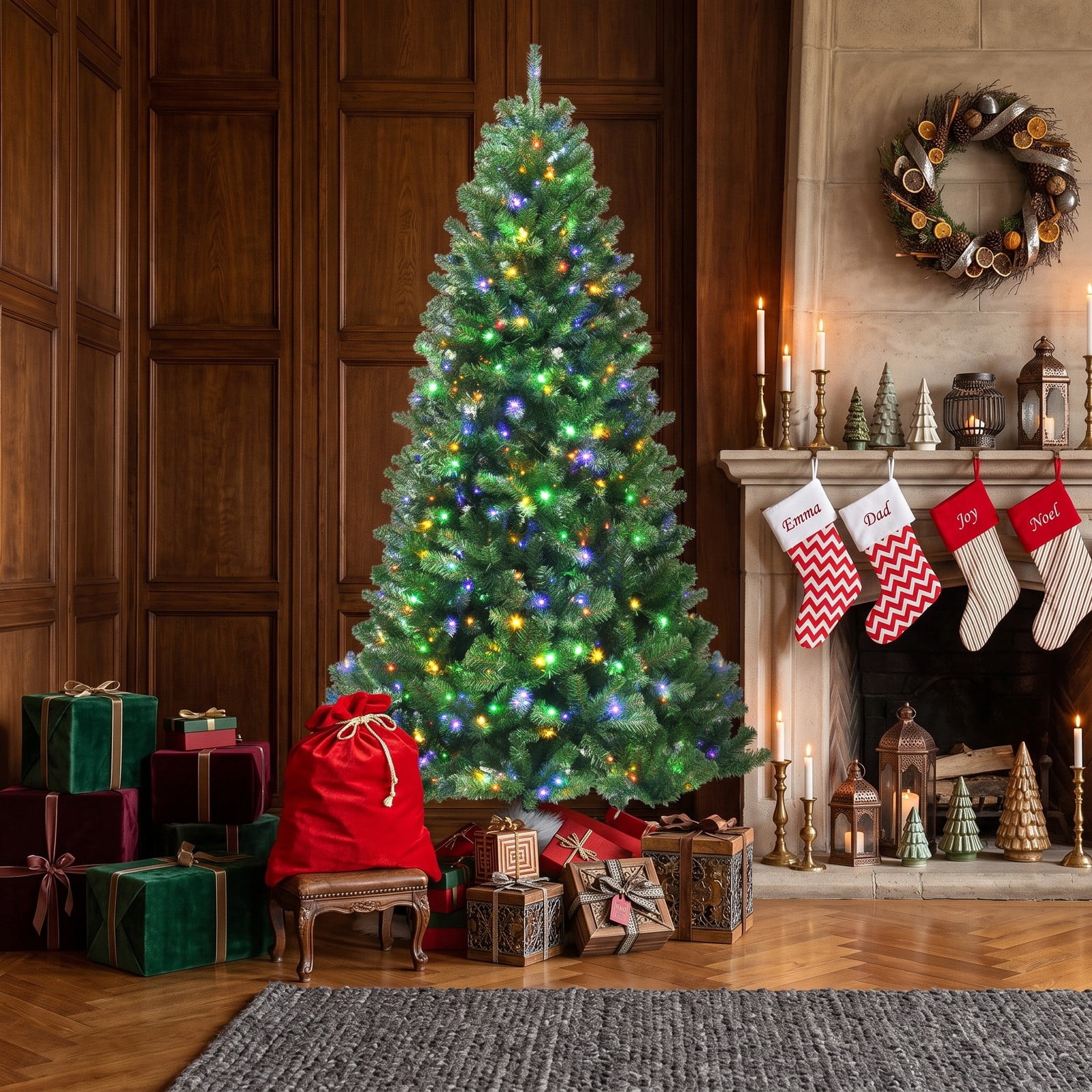 RUIE 8FT Pre-Lit Artificial Hinged Christmas Tree with 600 Remote-Controlled Color-Changing LED Lights, 1605 Tips Full Xmas Holiday Tree with Metal Stand, Green