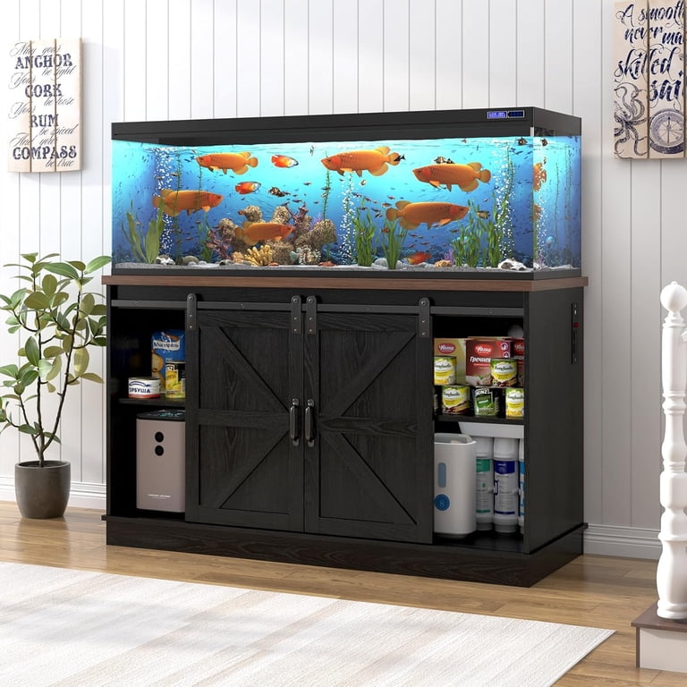 55 gallon fish tank with stand and accessories Unikito 55-75 Aquarium Power Outlets & LED Light, Reversible Stand with Cabinet for Fish Tank Storage, Heavy featuring 3 AC outlets + 2 USB ports to power filters HOOBRO Fish Tank Stand with