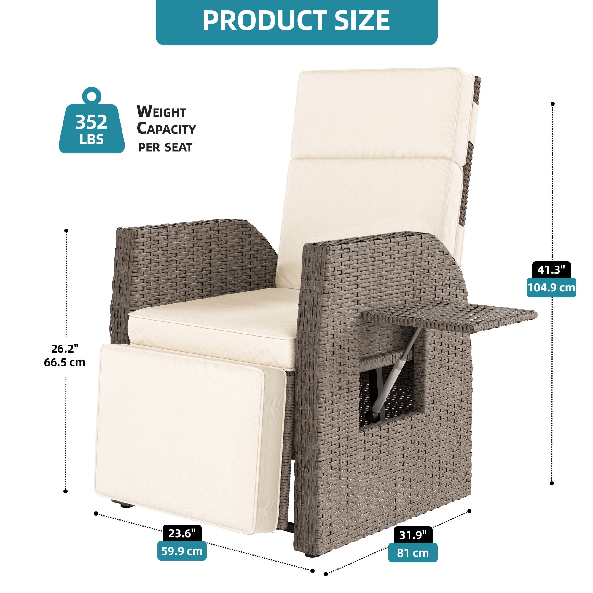 Uforic Beige Adjustable Outdoor Lounge Chair, Wicker Patio Recliner with Adjustable Angles, Side Flip Table and Thick Soft Cushion, Perfect for Deck, Backyard, Poolside and Outdoor Relaxation