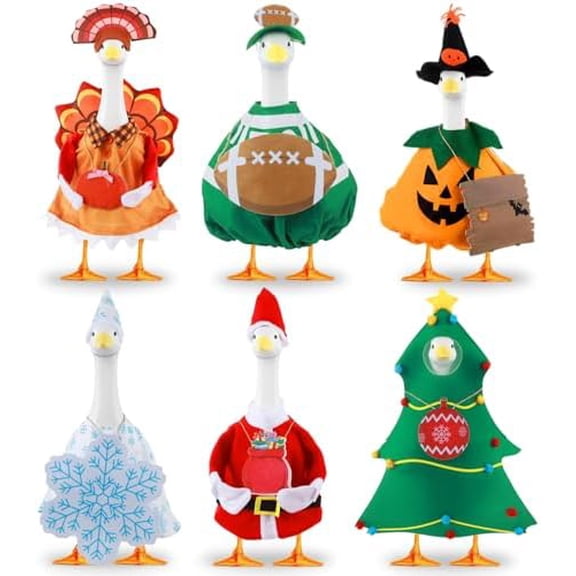 6 Set Seasonal Holiday Porch Goose Outfits Hanging Decor Fall Thanksgiving Halloween Winter Christmas Football Goose Costume Set Fit for 23" Geese Statue Outdoor Yard Garden Patio Lawn Art Decoration