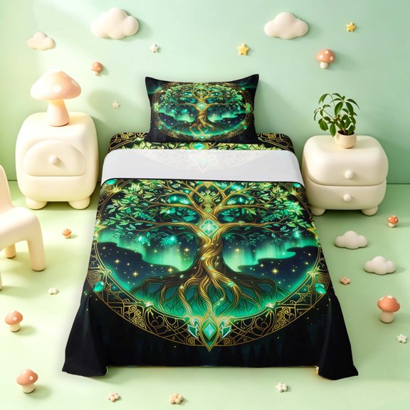 Homewish Astrology Tree Of Life Twin Sheets,Nature Boho Aesthetic Bedding,Green Gold,3pcs,1 Flat Sheet,1 Fitted Sheet and 1 Pillowcase