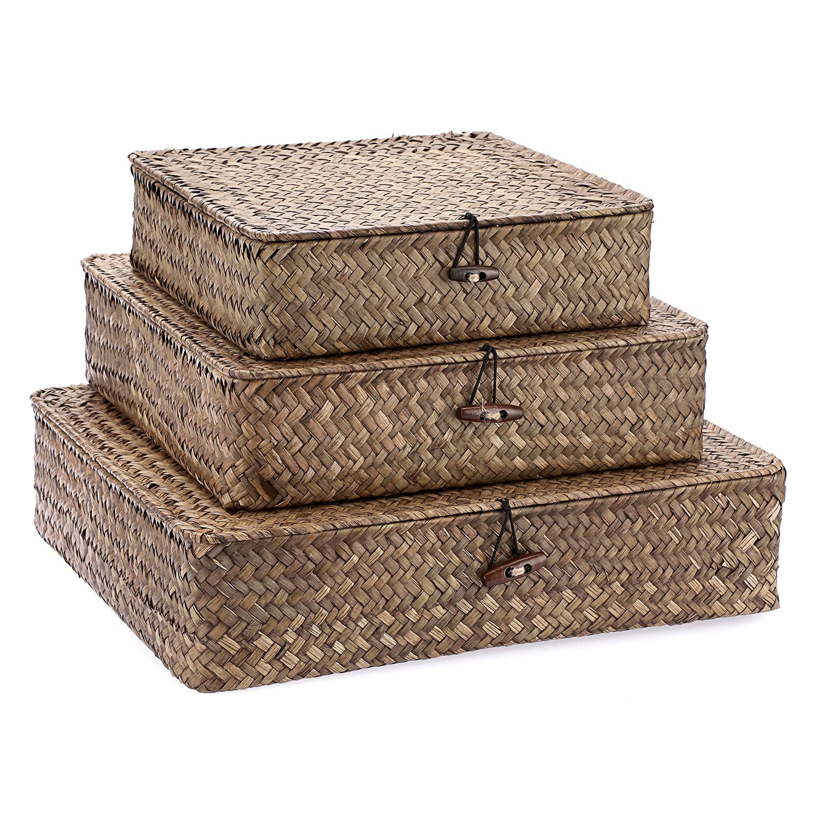 Set of Flat Wicker Storage Basket Bins with Lid Woven Seagrass Box