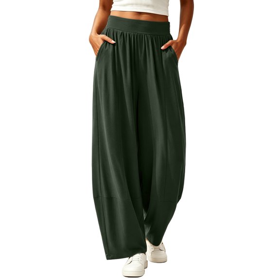 Oiangi Womens Barrel Pants High Waist Wide Leg Pant Fall Casual Ruched Lounge Trousers with Pockets Army Green 3XL