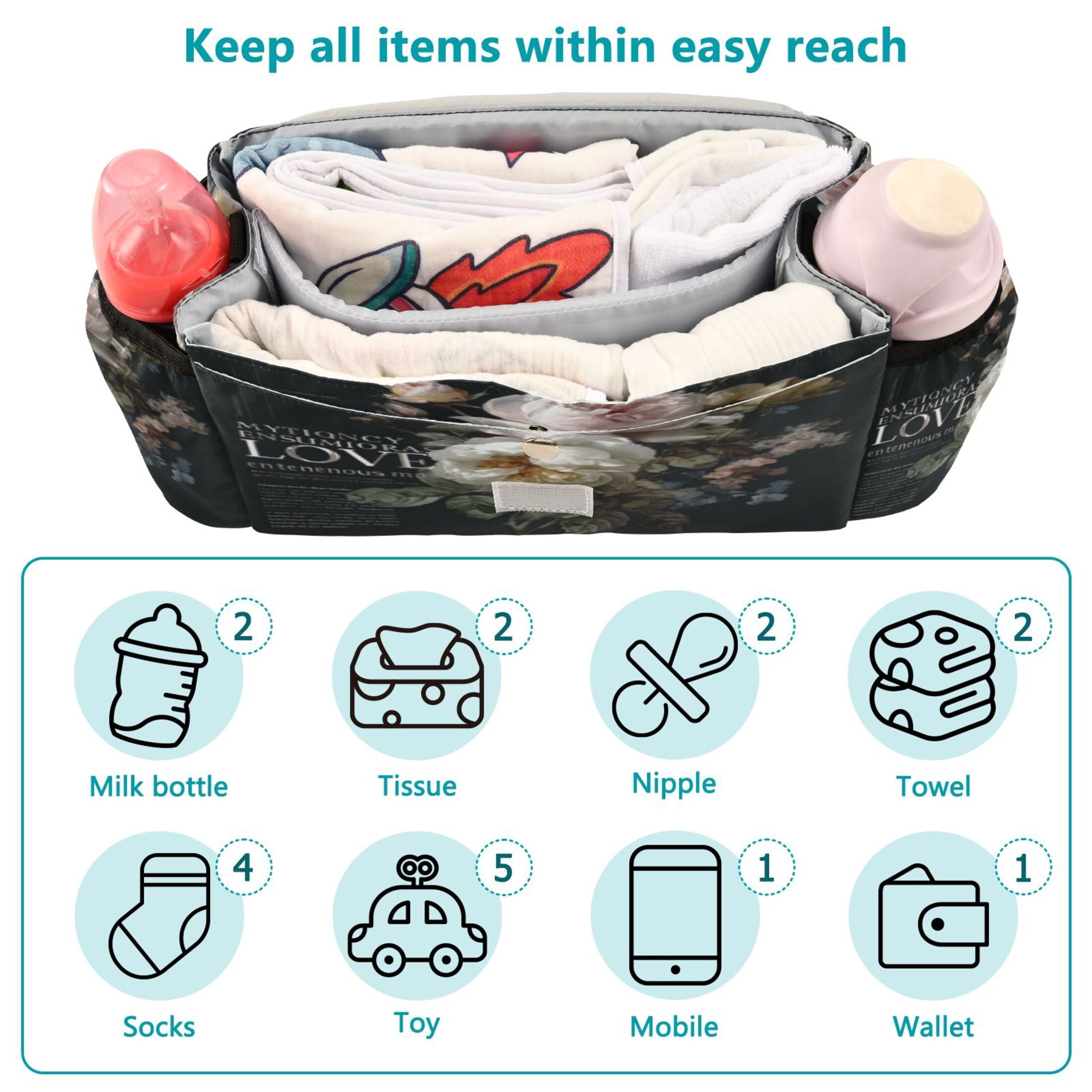 DIXRUYEE Stroller Organizer Roses for Teliemoy Printed
