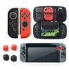 insten Carrying Travel Hard EVA Case + Joy-Con Controller Skin [Left BLACK/Right RED] + Clear Protector + 4-pc Thumb Grip Caps for Nintendo Switch