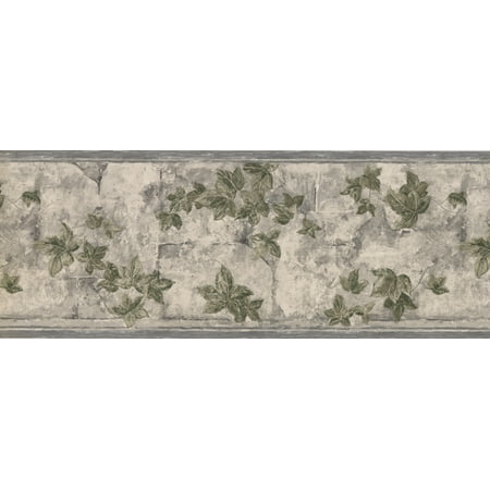 Green Leaves on Branches Floral Grey Wallpaper Border Retro Design ...