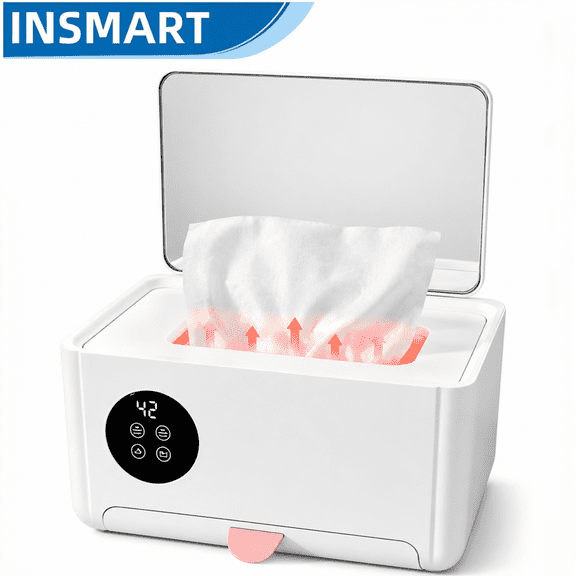 INSMART Baby Wipe Warmer, Baby Wipe Dispenser Box with Spring Design, 4 Modes Temperature, Dual Heating Chambers for Diaper, Facial Mask