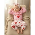 thumbnail image 5 of Loicainy Baby Toddler Girls 3 Piece Valentine's Day Outfit 3 6 9 12 18 Months Long Sleeve O Neck Letter Heart Bow Print Jumpsuit Headband Elastic Waist Pants Clothes Set, 5 of 9