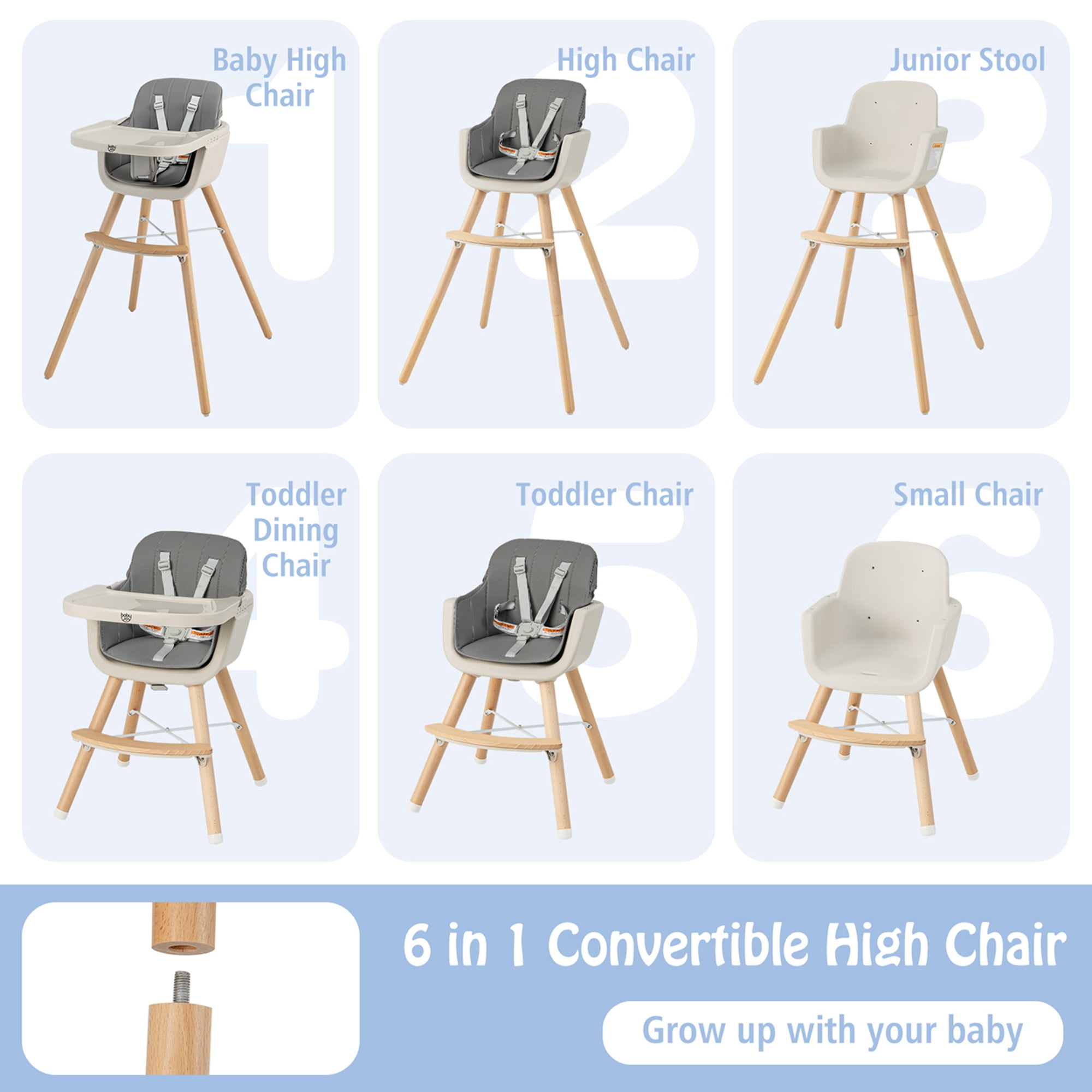 Babyjoy 3 in 1 Convertible Wooden High Chair Toddler Feeding Chair with Cushion Dark Gray