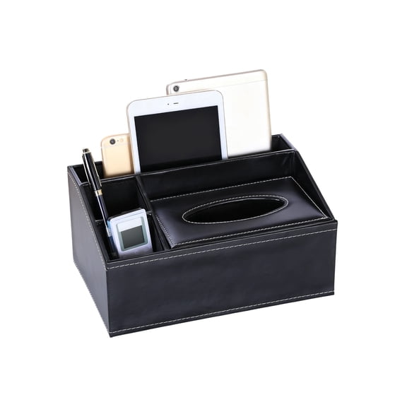 Charcrocsm PU Leather Tissue Box Cover with Storage, Black Desk Organizer with Remote Holder, Phone/Pen/Tablet Slots, Decorative Tissue Holder for Living Room & Office