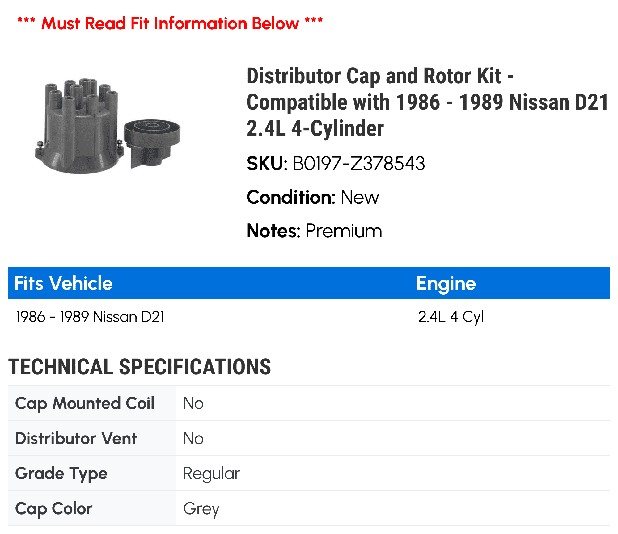 Distributor Cap and Rotor Kit - Compatible with 1986 - 1989 Nissan D21 2.4L 4-Cylinder 1987 1988