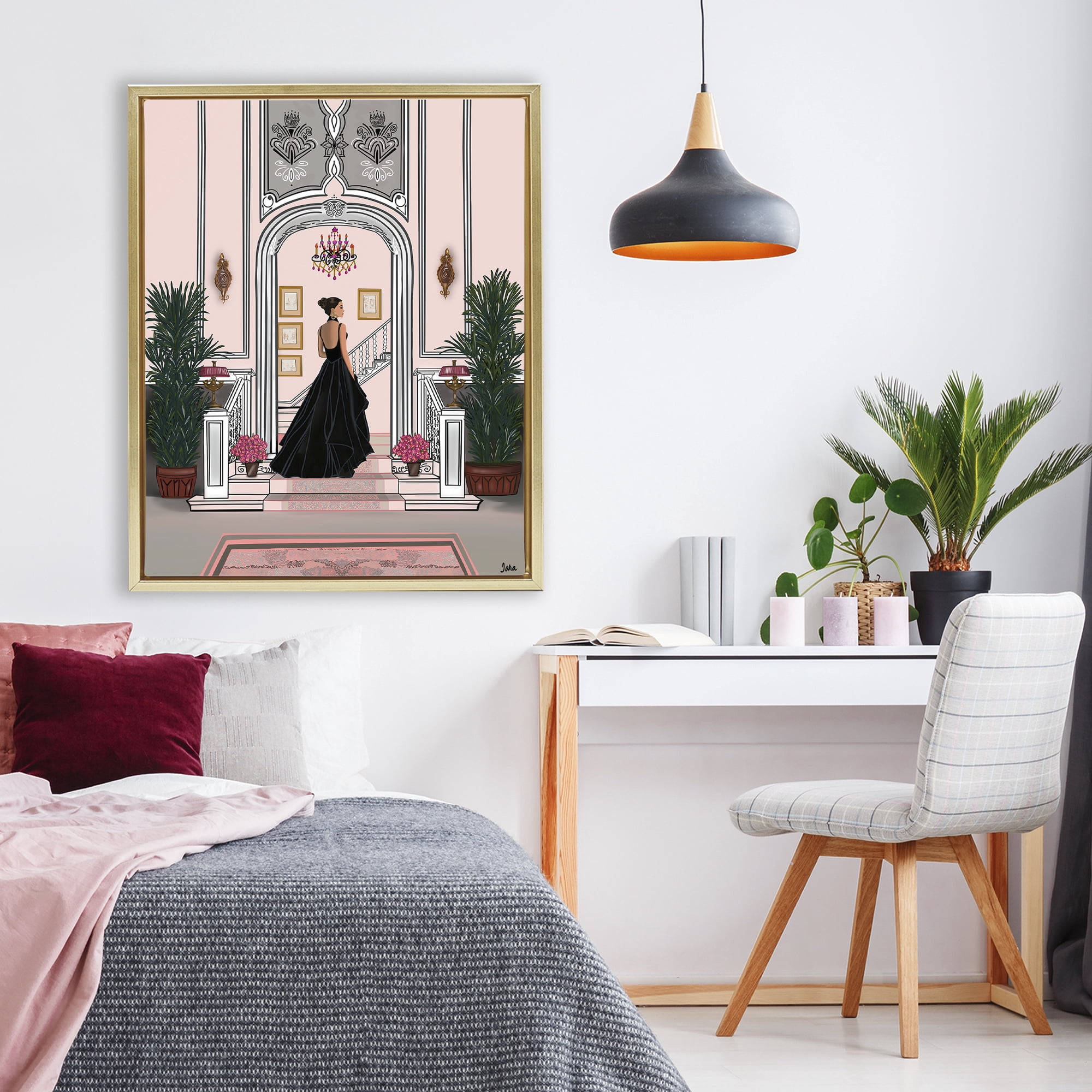 Stupell Industries Mansion Girl in Gown Gold Framed Floater Canvas Wall Art, design by Tara Boone