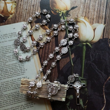 AOOOWER 6mm Vintage Rose Rosary Necklace Cross Prayer Church Religious Jewelry Fine Gift