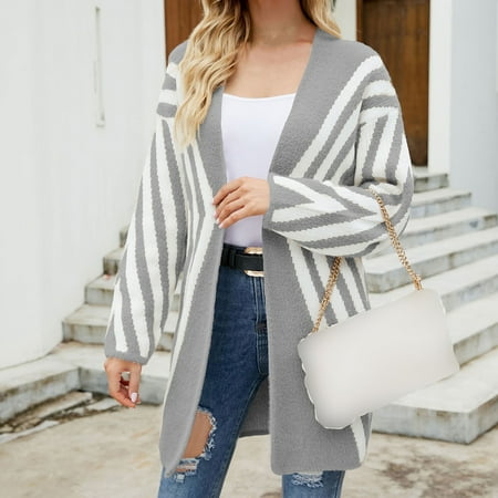 

Women S Cardigans Lightweight Elegant Fall Cozy Knit Color Blocking Stripe Cardigan Grey L