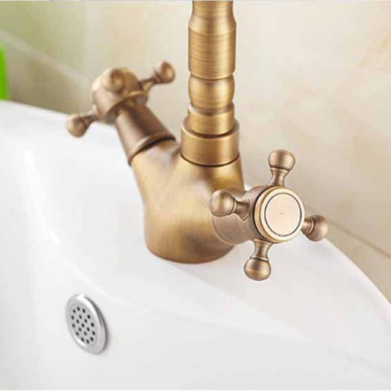 Vintage Sink Faucet Bathroom,360 Degree Swivel Spout Bathroom Sink Faucet, Cold Hot Mixer Vintage Vanity Tap, Double Cross Handle Mixer Bathroom Sink Tap, Gold