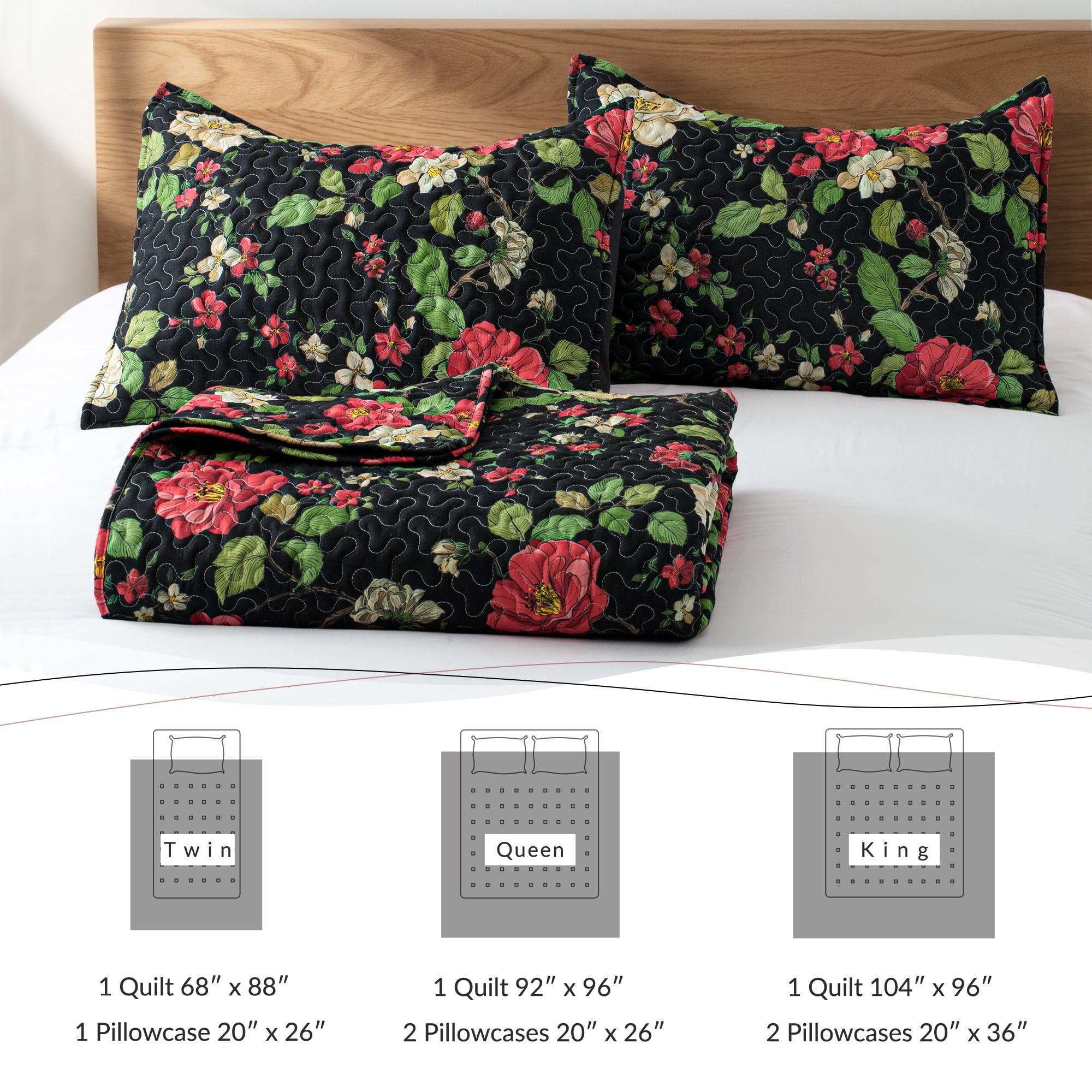 Exclusivo Mezcla Floral Quilts Queen Size, Black Queen Quilt Bedding Set with Red Cottagecore Garden Pattern, Reversible Lightweight Bedspreads Coverlets (92"x96")