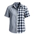 thumbnail image 4 of Button Down Shirts for Women Collared Shirt Short Sleeve Plaid Stripe Patchwor Linen Summer Tops, 4 of 6