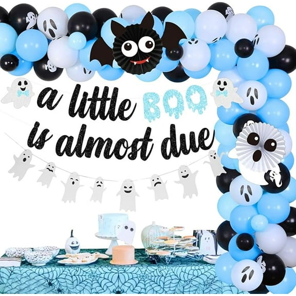 Halloween Baby Shower Party Decorations for Boys Blue A Little Boo is Almost Due Banner Garland Ghost and Bat Balloon for Halloween Pumpkin Baby Shower Pregnancy Celebration Gender Reveal