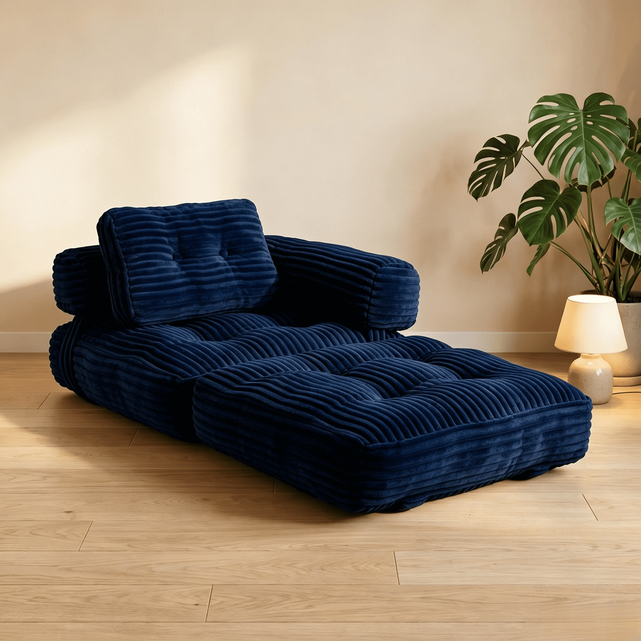 Howcool Corduroy Folding Sofa Bed,3 in 1 Convertible Sleeper Chair with Pillow & L-shaped Lumbar Pillow,Boneless Floor Sofa Couch Lounge Chair for Living Room Dorm,Navy