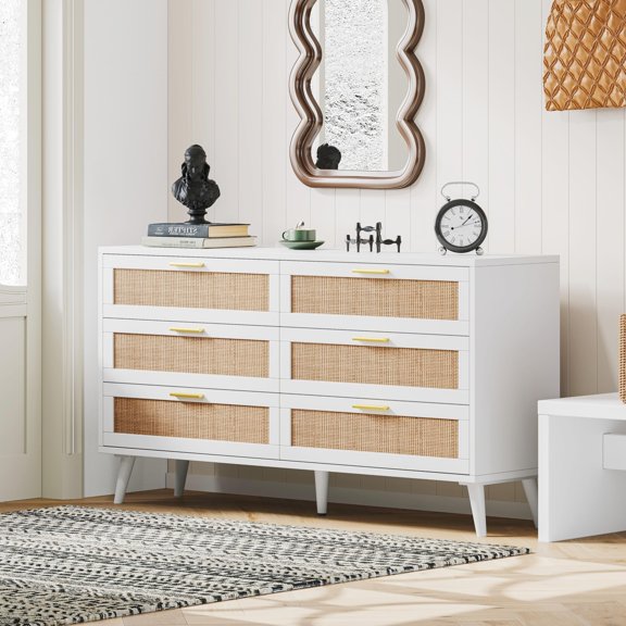 Zocalo Cómoda 6 Cajones de Madera Ratá, Tiradores Dorados,Patas Robustas, Moderna | Mesita de Noche Armario de Dormitorio, Cómoda de Salón para Sala de Estar, 120*40*75CM, Blanco