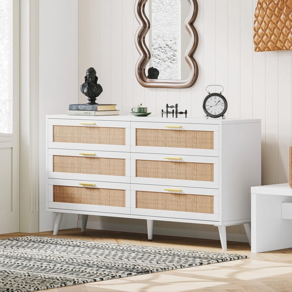 Zocalo Cómoda 6 Cajones de Madera Ratá, Tiradores Dorados,Patas Robustas, Moderna | Mesita de Noche Armario de Dormitorio, Cómoda de Salón para Sala de Estar, 120*40*75CM, Blanco